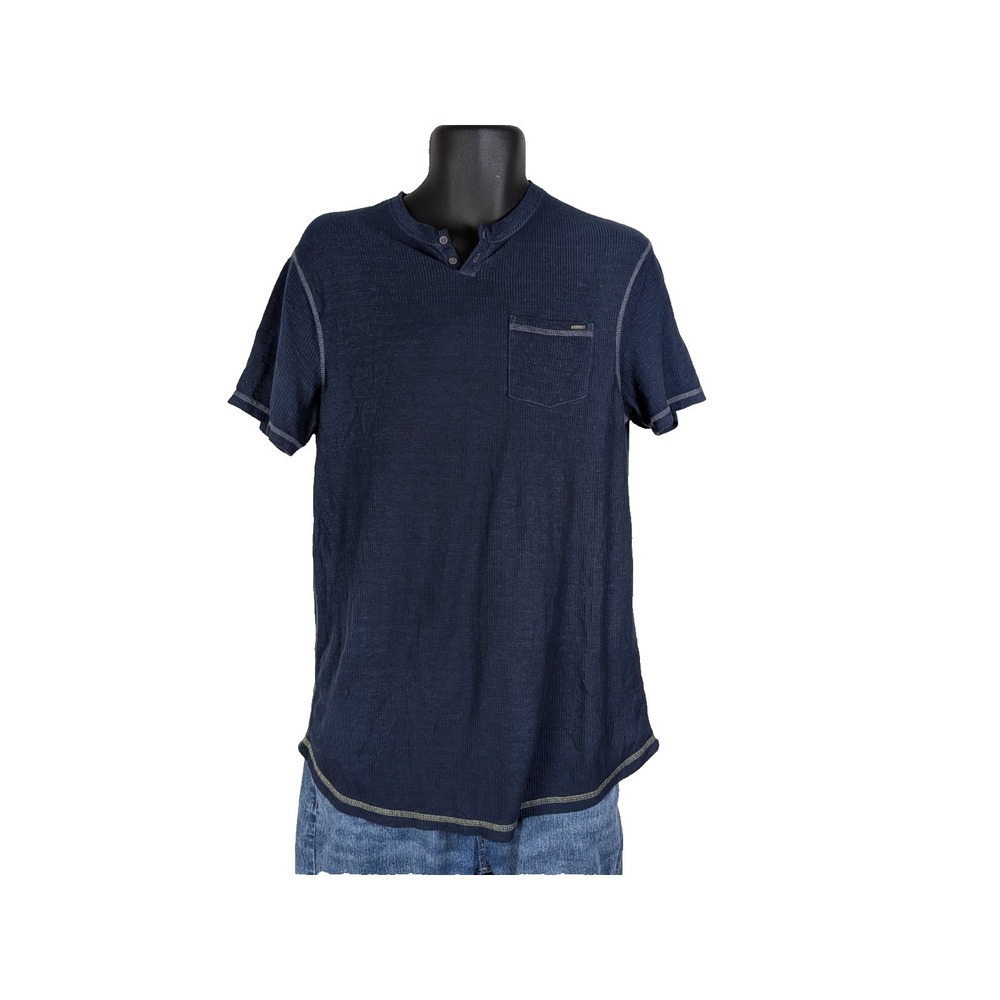 Buffalo David Bitton Navy Waffle Knit Henley Pocket T-Shirt M